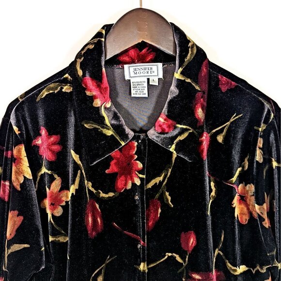 Women's Large Vintage Jennifer Moore Pure VELVET Button Shirt Metallic Floral - Picture 3 of 6